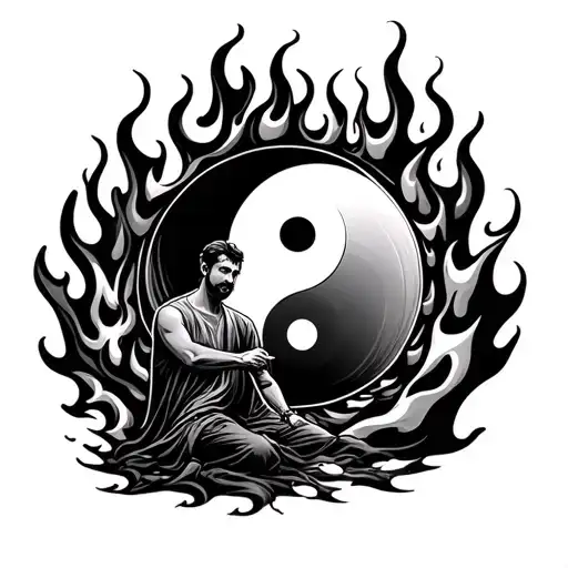 Man Sitting In Fire And Flames Are Yin Yang Symbol Formed