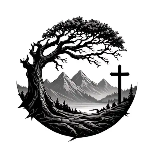 Oak Tree With Cross And Mountains