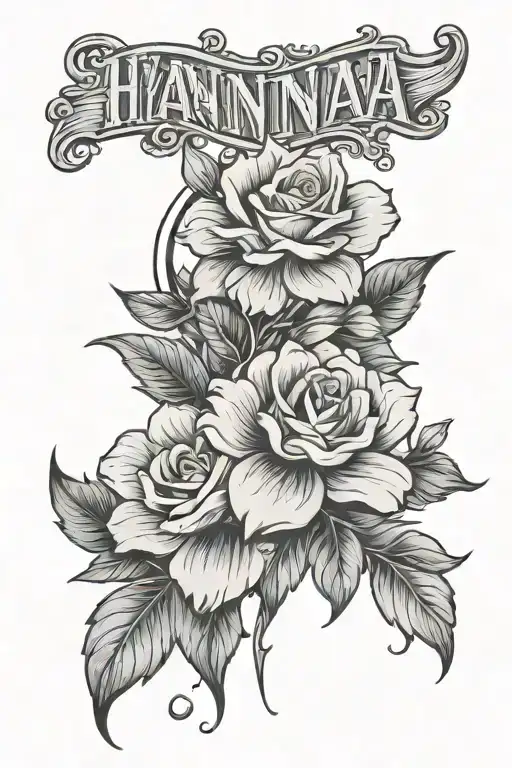 Western Style Tattoo With Word Hanna And Flowers Growing