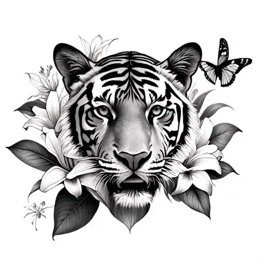 Tiger And Butterfly And Lillies