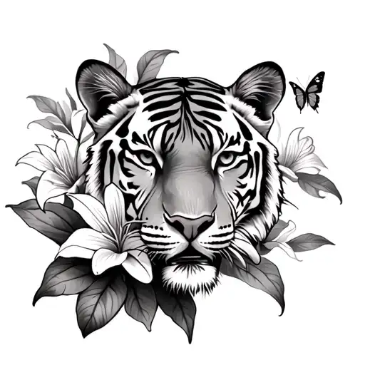 Tiger And Butterfly And Lillies