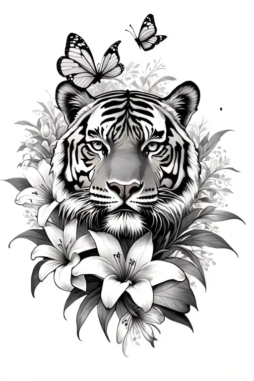 Tiger With Lillies And Butterflies