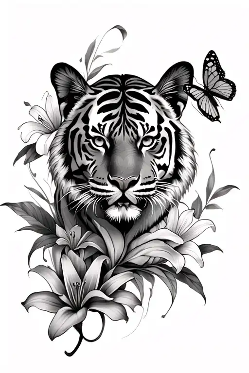 Tiger And Butterfly And Lillies