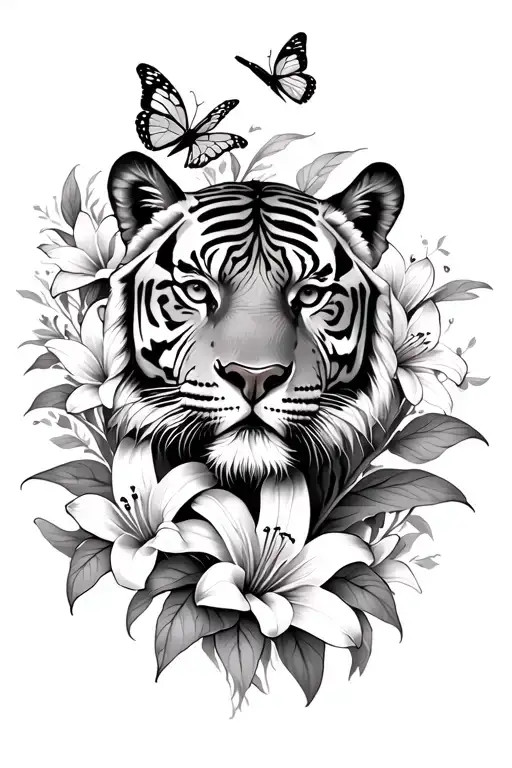 Tiger With Lillies And Butterflies