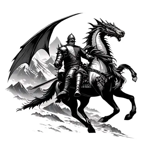 Dragon Flying Over Mountains In The Background In Front A Knight On A Horse Holding A Sword