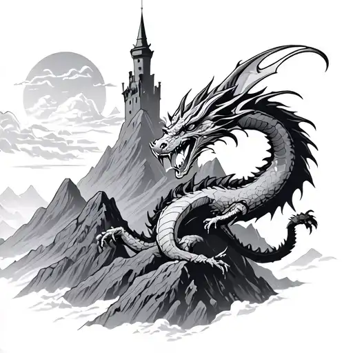 Dragon Flying Over A Mountain Range And Tower