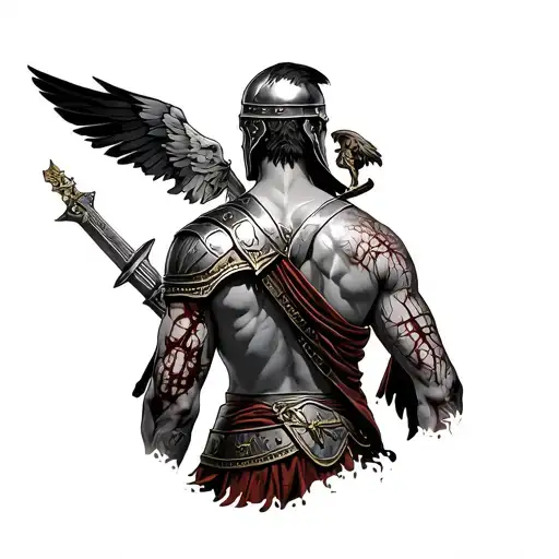 Full Back Tattoo With Roman Soldier And Battle Scars