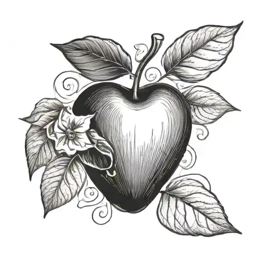 Tatoo With Black Apple In The Shape Of A Heart With Three Leaves