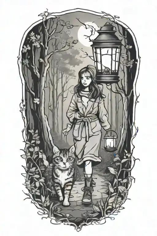 Young Girl Walking Into Dark Forest With Cat And Lantern