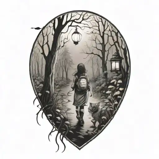 Young Girl Walking Into Dark Forest With Cat And Lantern