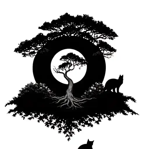 Tree Of Life With Moon And Cat Underneath