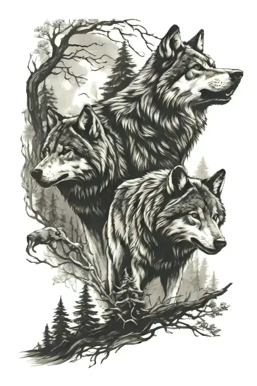 Upper Body Half Sleeve Depicting A Wolf Pack In The Woods