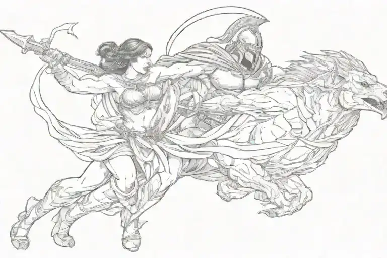 One Spartan And Beautiful Woman Grabbing A Beast