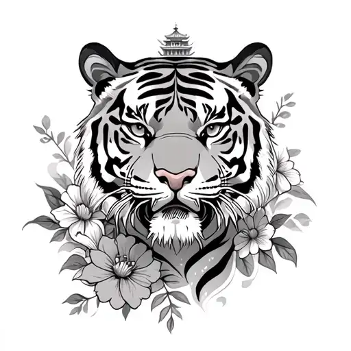 Tiger With Flowers And Chinese Building