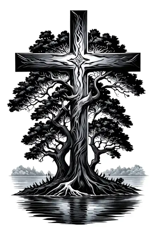 Cross And Tree With River Flowing