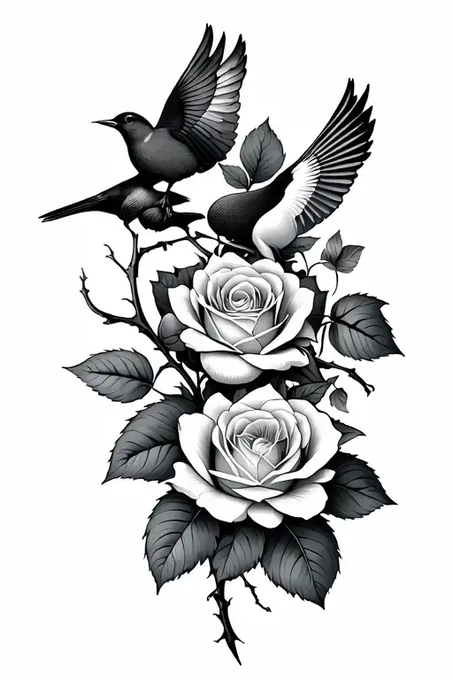 Rose Rod With Thorn And Magnolia Flower Of Rose And Passiflore And Birds