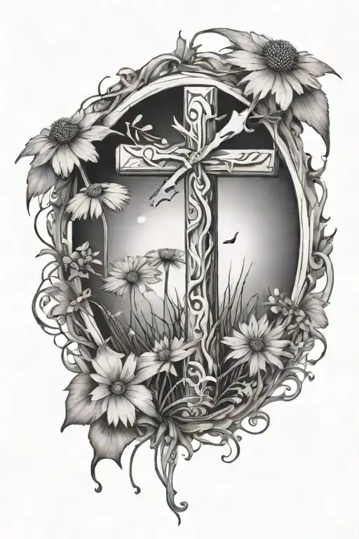 Cross Surrounded By Dandelion And Mushroom