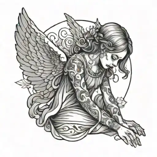 Good Angel Girl With Her Head Lowered To Her Full Height Dressed In A Dress