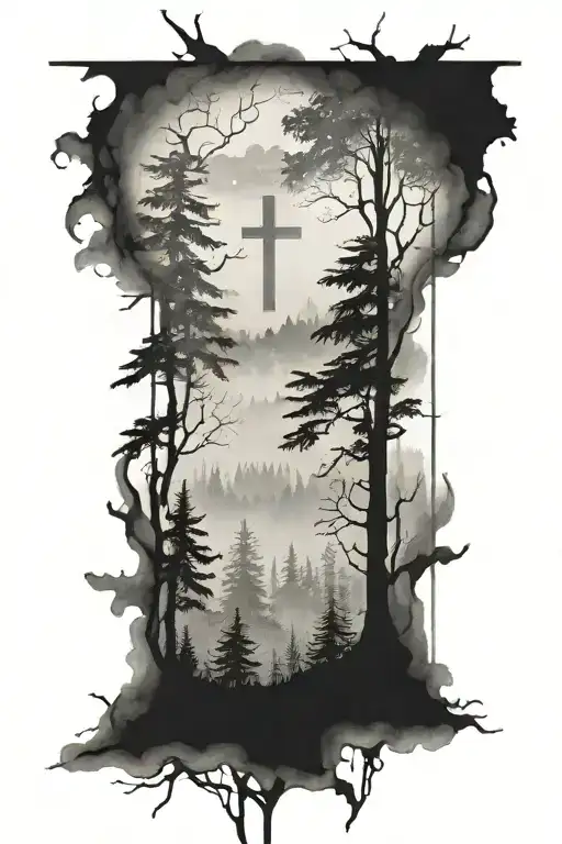 A Serene Forest Landscape With A Hidden Cross Among The Trees