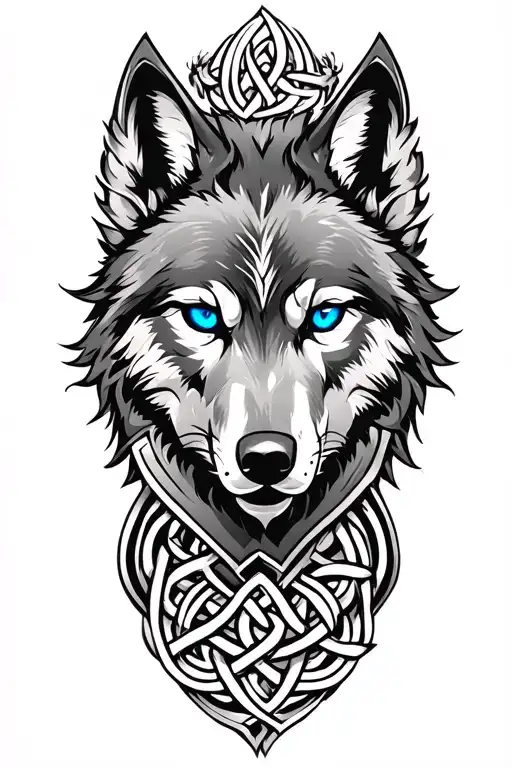 Wolf With Blue Eyes On Armor Tattoo Design Featuring Celtic Trinity Knot