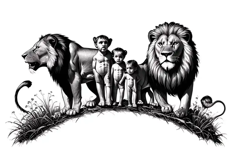 Lion Watching Over A Family