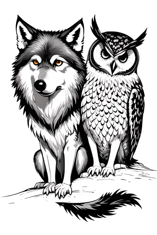 Wolf And Owl Sitting