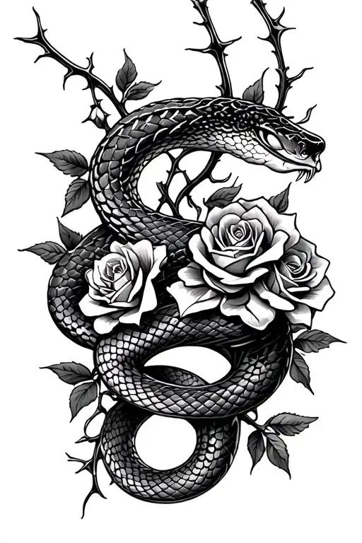 Snake And Roses Vines With Thorns Wrapped