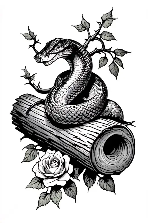 Snake And Roses Vines With Thorns Sitting On A Log Wrapped