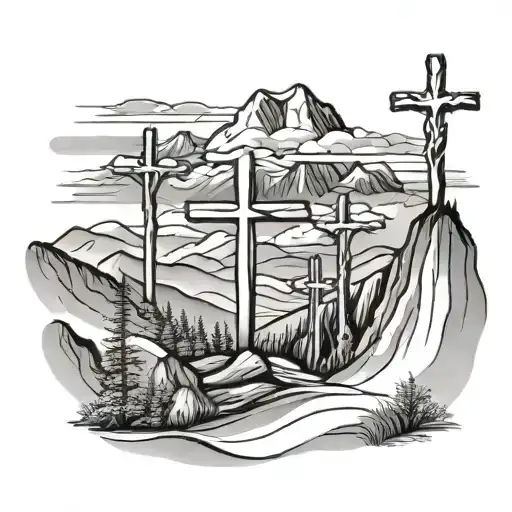 3 Cross On Mountain Landscape
