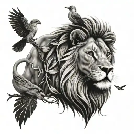 Computer Lion With Birds