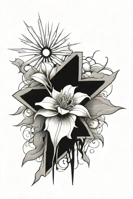 Cross With Sun Rays And One Flower