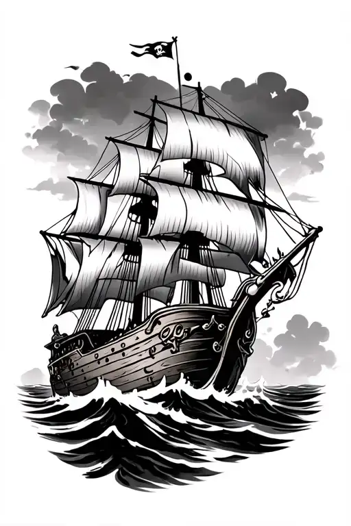 Pirate Ship Distressed Sailing In Ocean