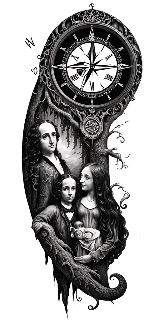 Salvador Dali Clock With Compass And Forest And Family