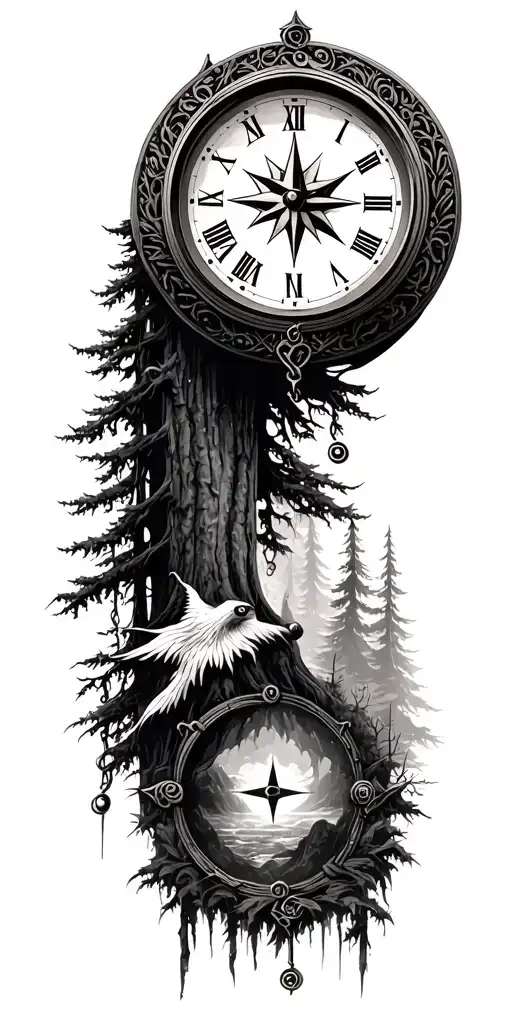 Salvador Dali Clock With Compass And Forest Landscape With A Hidden