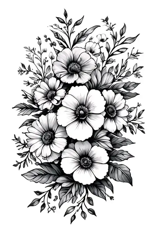 Floral Thigh Tattoo With Febuary And June Birth Flowers