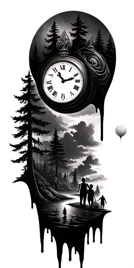 Salvador Dali Melting Clock And Forest Scene And Family And Golf