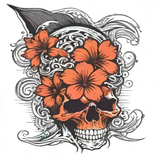Skull With Flowers From The Philippines And Water Waves