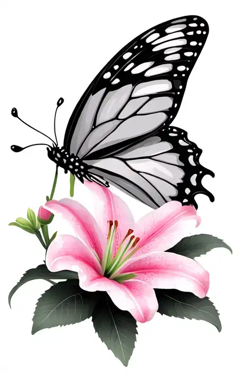 Pink Lily Cherry Blossom With Butterfly