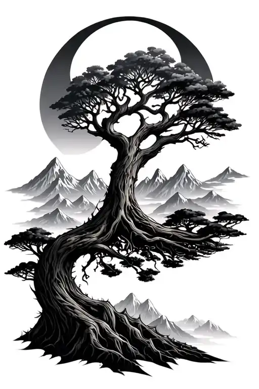 Yggdrasil World Tree With Mountains In Background Black
