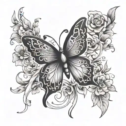 Breast Cancer Ribbon And Neurodiverse Butterfly With Flowers Growing