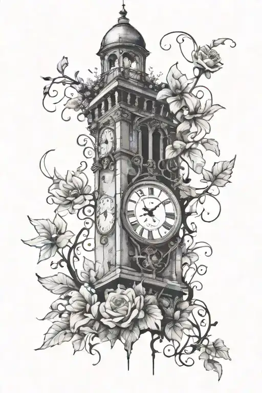 Crumbling Clock Tower With Flowers And Vines Growing