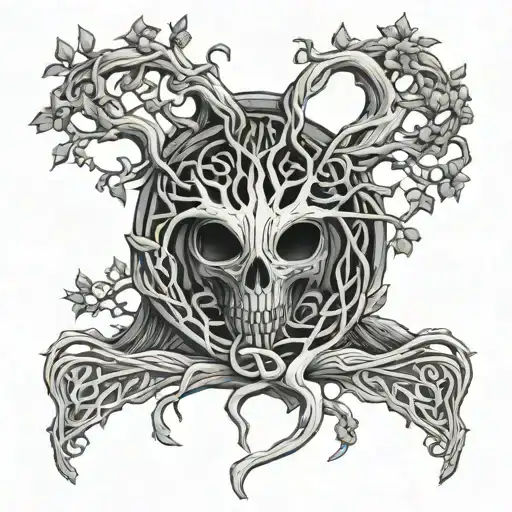 Celtic Style Tree Of Life With Death Holding The Scythe And Peeking Out From Behind The Trunk