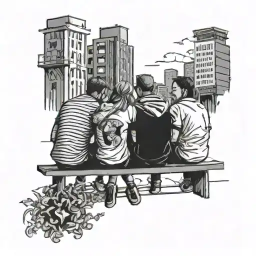 6 Friends Sitting On A Bench With Buildings Behind Them