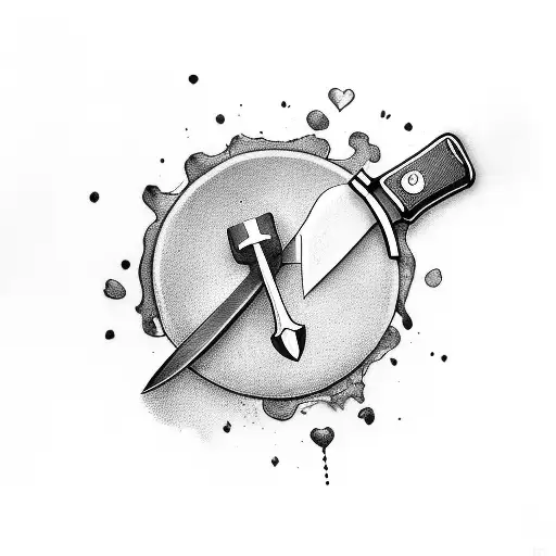 A Hand Holding A Knife And The Word 'Love' Split Into Two Pieces Above The Knife