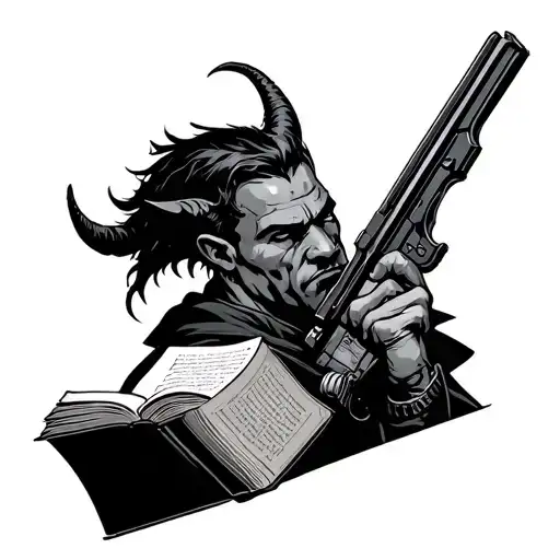 Imp With Gun Near His Head Profile Holding A Book