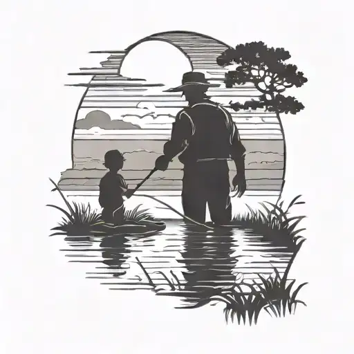A Beautiful Sunset Over A Country Farm With A Silhouette Of A Grandfather And His Grandson Fishing