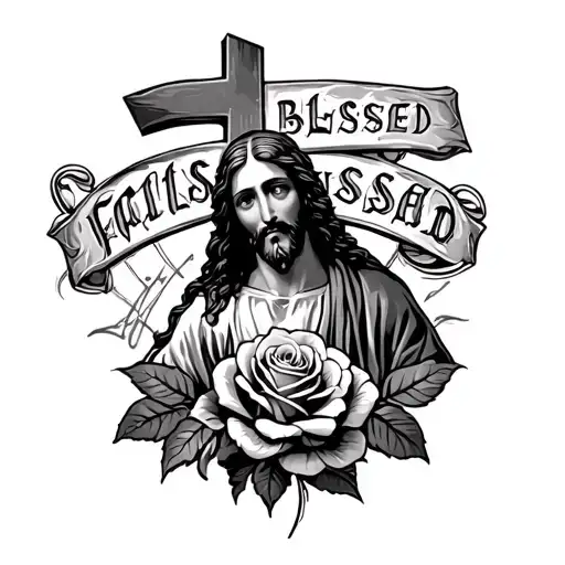 Roses And Jesus With A Cross And Blessed Letters