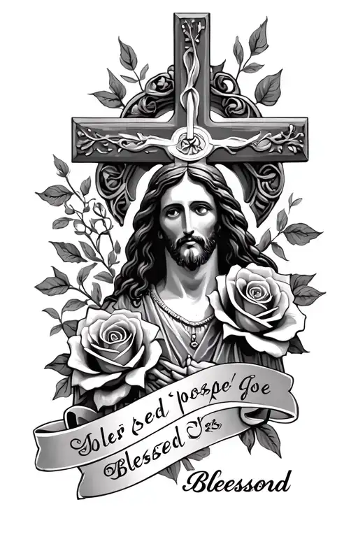 Roses And Jesus With A Cross And Blessed Letters