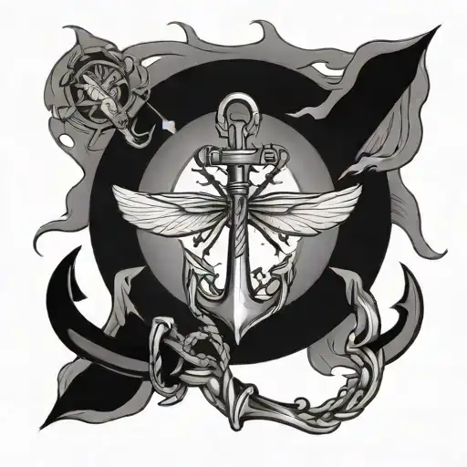 Anchor Surrounded By Dragonfly Hovering