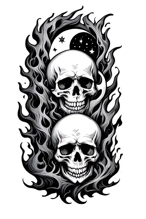 Gothic Fantasy Skulls And Flames Moons And Stars Night Sky